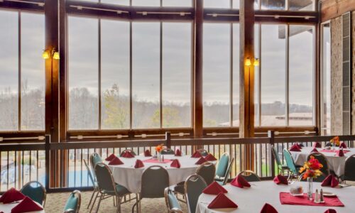 Conference room with view of lake decorated for reception