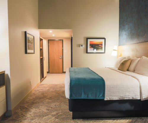 A guestroom with one large bed, looking from the perspective of the window side. At the far end of the room is the entrance with a wardrobe to the side. On the side closest to the foreground is a couple of drawers with a lamp on top.