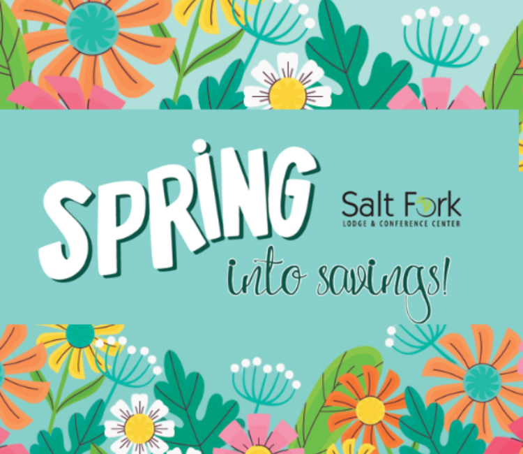 spring into savings graphic with colorful flowers