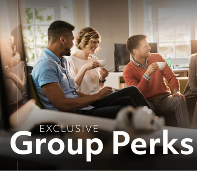 A group of people drinking coffee with a text overlay that reads, "Exclusive Group Perks."