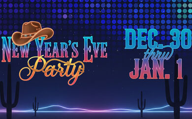 A colorful graphic with text that reads, "New Year's Eve Party." There is a cowboy hat on top of the words and a cactus to the side with party dates on the other side..