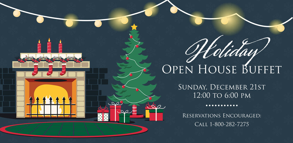 A graphic of a Christmas tree next to a fireplace with text to the right that says, "Holiday Open House Buffet" with details on the event below.