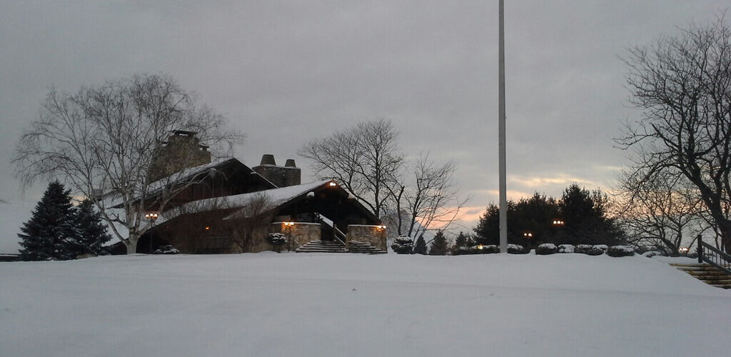 Lodge covered in snow