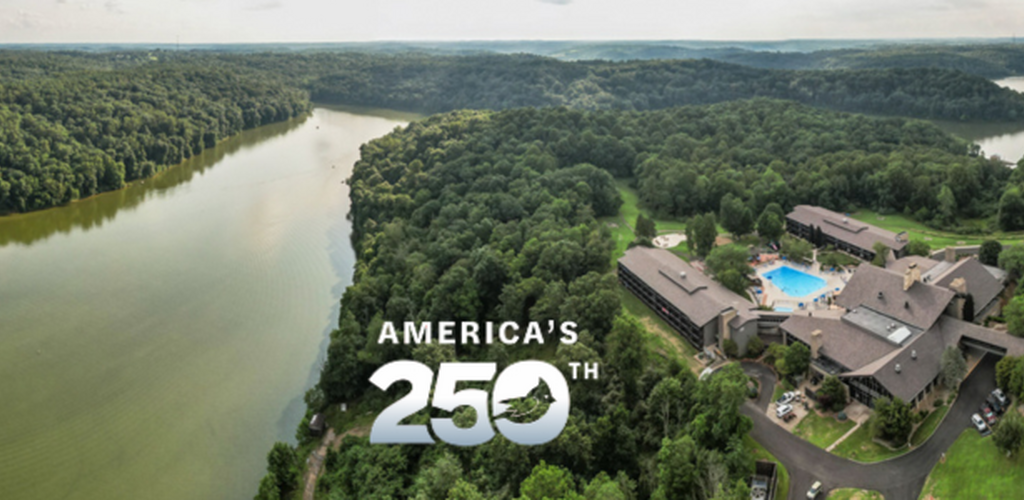 aerial view of salt fork lodge and lake with a graphic overlay