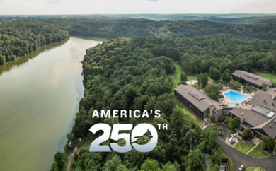 aerial view of salt fork lodge and lake with a graphic overlay